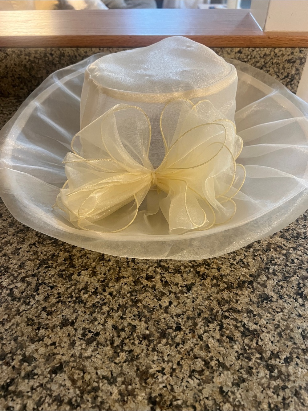 Elegant Sheer Organza Wide-Brim Hat with Pale Yellow/Ivory Bow